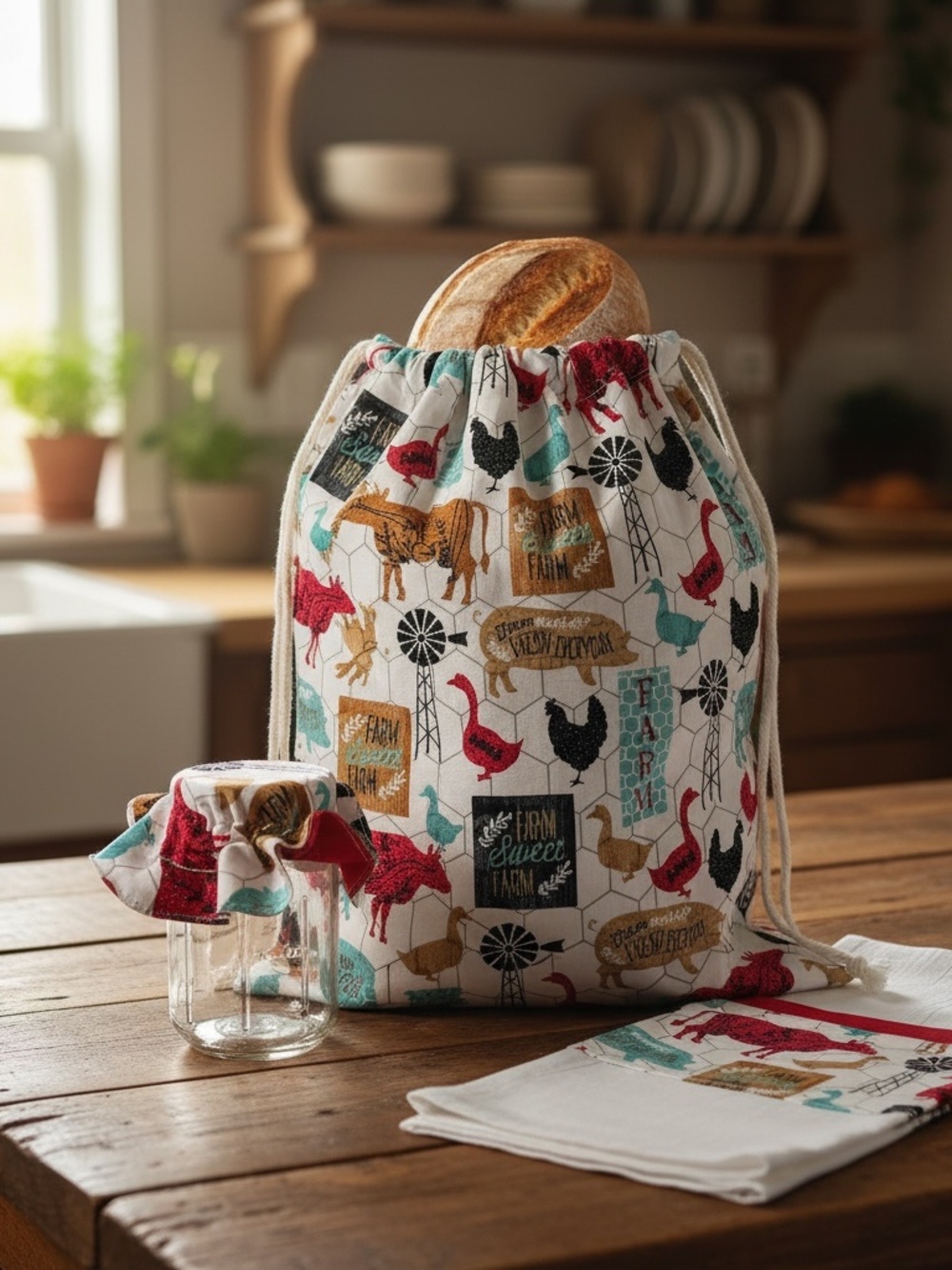 Farm Animal Cotton Bread Bag & Matching Tea Towel and Regular Mason Jar Bonnet